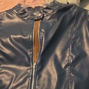 Blue Faux Leather Jacket with Zipper